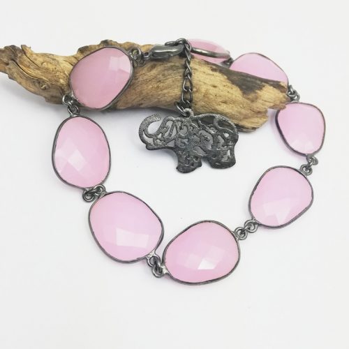 Gunmetal Pink Chalcedony Bezel Set Bracelet with Elephant Charms