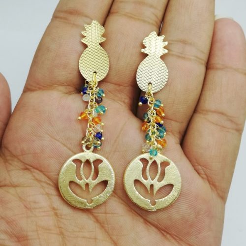 Multi Stone Long Drop Earring with Round Flower Charms