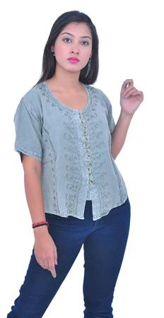 Acid Wash Front Button Women Shirt