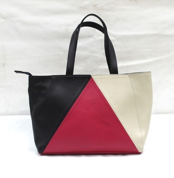 Navy Color Blocking Leather Tote Bag