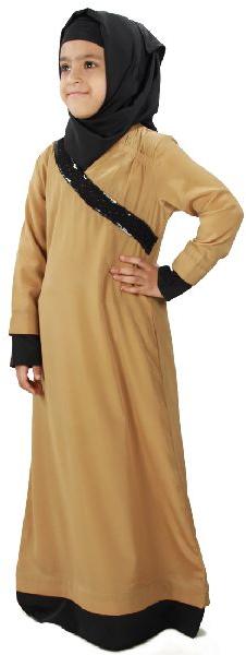 Beige and Black color Kids Crepe Abaya