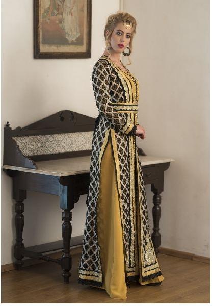 Black and Yellow Party Wear Arbic Style Moroccan Kaftan