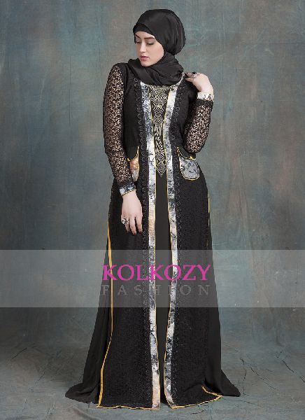 Black Net Brasso Color Kaftan Arabic Style with Pocket and Thread Work