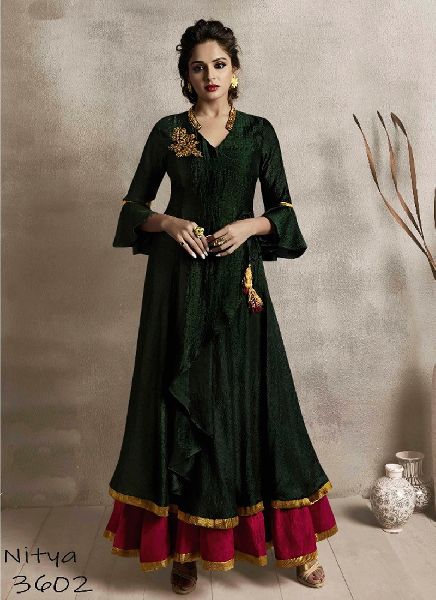 Women Long Kurti Green color Silk