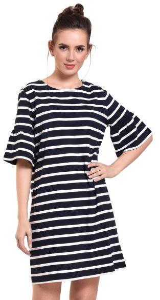 Blue and white stripe round neck casual dress for women