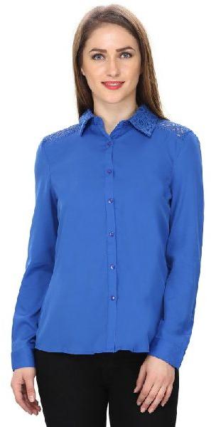 Women Lace Detailed Shirt, Color : Blue