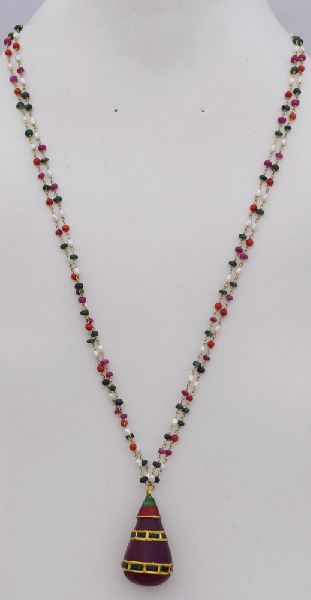pearl ruby coral emerald beaded chain necklace