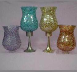Brass Base with Mosaic Glass Hurricane Candle Holder
