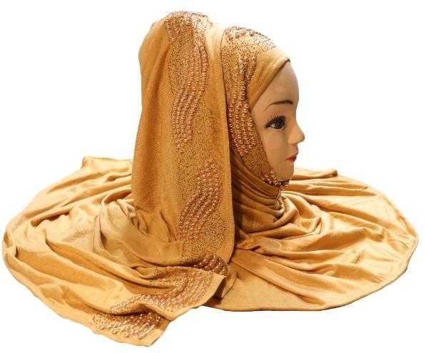 Beige Color Pearl and Diamond Stone Work Hosiery Soft Cotton Hijab Scarf Dupatta