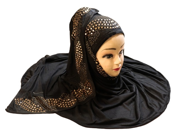 Black Color Diamond Stone Work Hosiery Soft Cotton Hijab