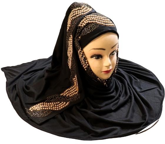 Black Color Pearl and Diamond Stone Work Hosiery Soft Cotton Hijab