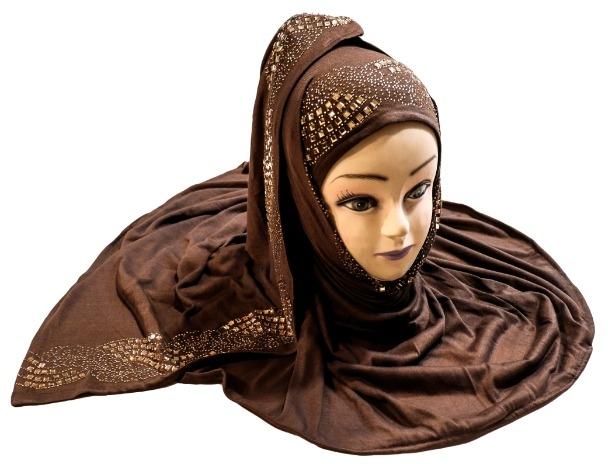 Brown Color Diamond Stone Work Hosiery Soft Cotton Hijab Scarf Dupatta