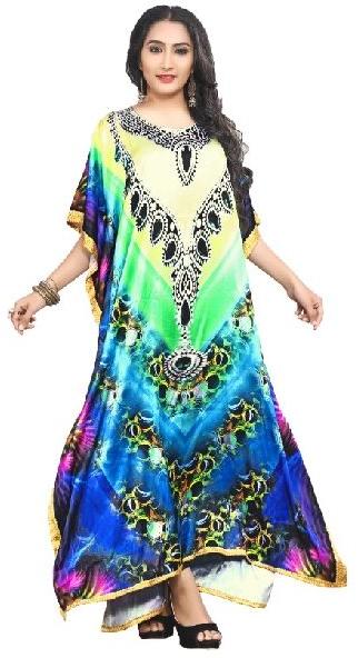 Digital Printed Satin Silk Long Kaftans Kurtas For Women