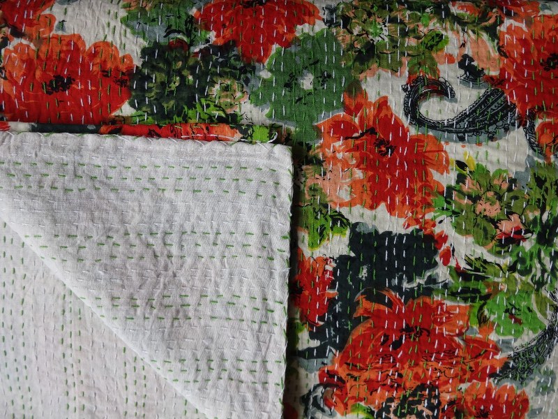 Floral Printed White Kantha Quilt