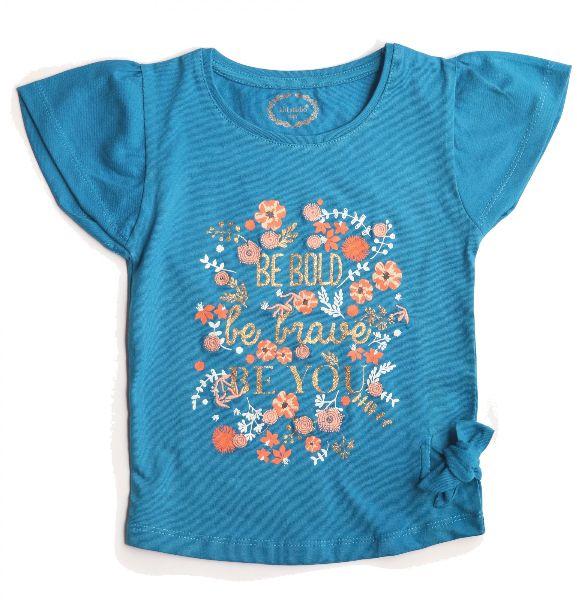 Girls BLUE TOP WITH PRINT AND EMBROIDERY