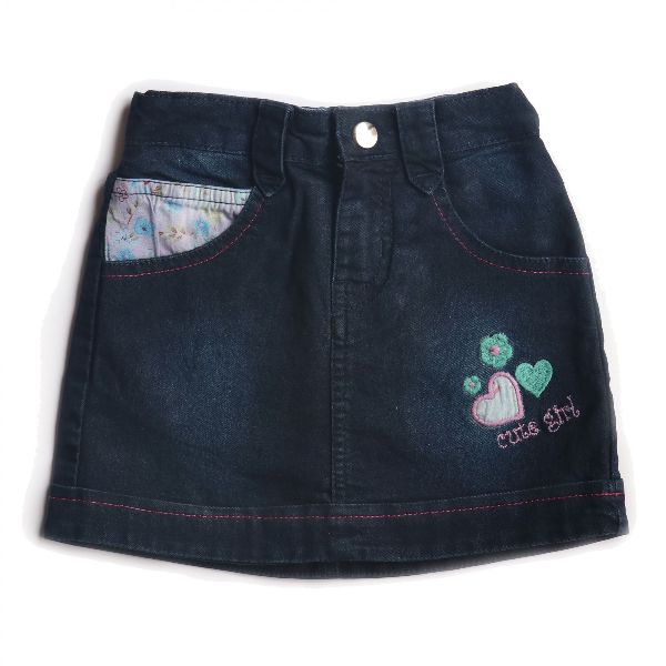 Girls DENIM DARK WASHED SKIRT WITH FLORAL EMBROIDERY