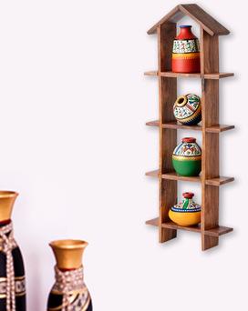 Handpainted Pots With Sheesham Wooden Hut Frame Wall Hangin