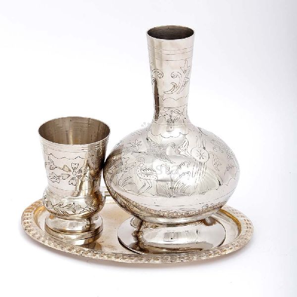 BRASS SET OF JUG GLASS AND TRAY