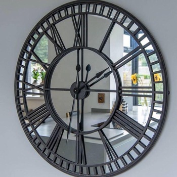 Iron Mirrored large luxury wall clock, Color : Black/Grey Antique