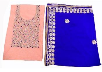 Peach Chanderi Handwork Kurti Fabric With Chiffon Heavy Dupatta and Santoon Fabric