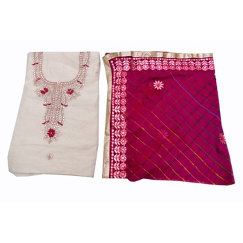 White Chanderi Handwork Kurti Fabric With Lahariya Dupatta and Santoon Fabric