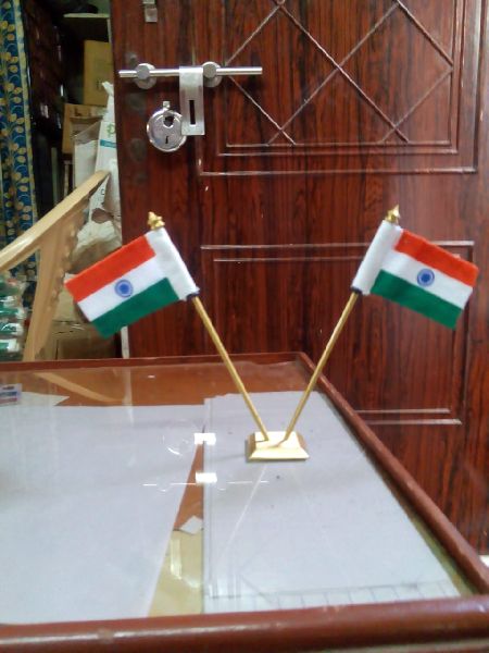 Brass Mini V Cross Stand Khadi Flag in Double Rod