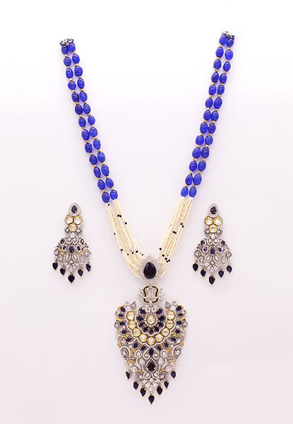 Blue Pearls String Pendant Set with Fusion Earrings