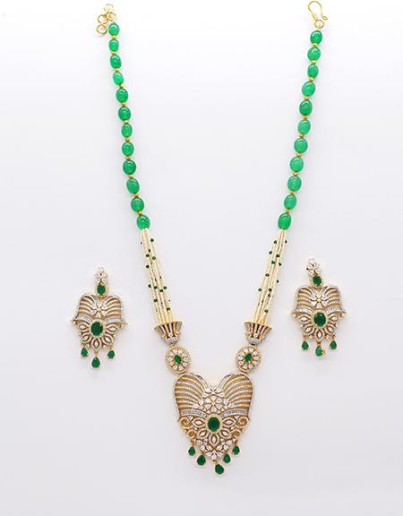 Green Color Pendant Set in AD with Earrings