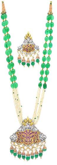 Pearl Green Drops String Necklace Set with Earrings