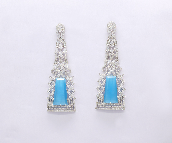 White Plated Blue Stone Earring, Style : Long