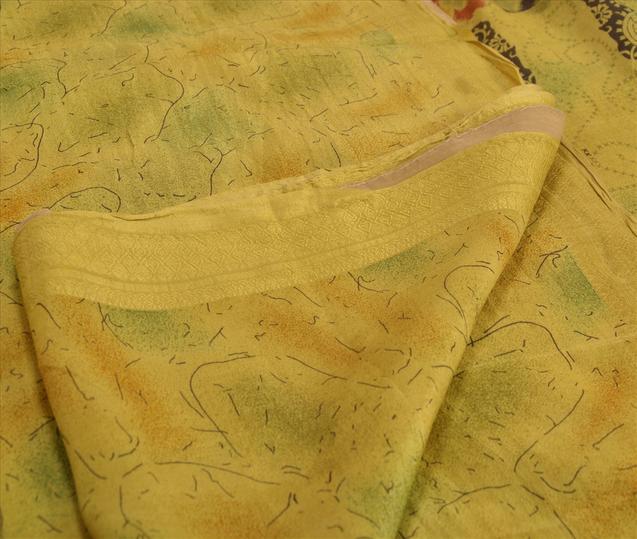 Indian Vintage Printed Saree 100% Pure Silk Fabric Craft Green Sari