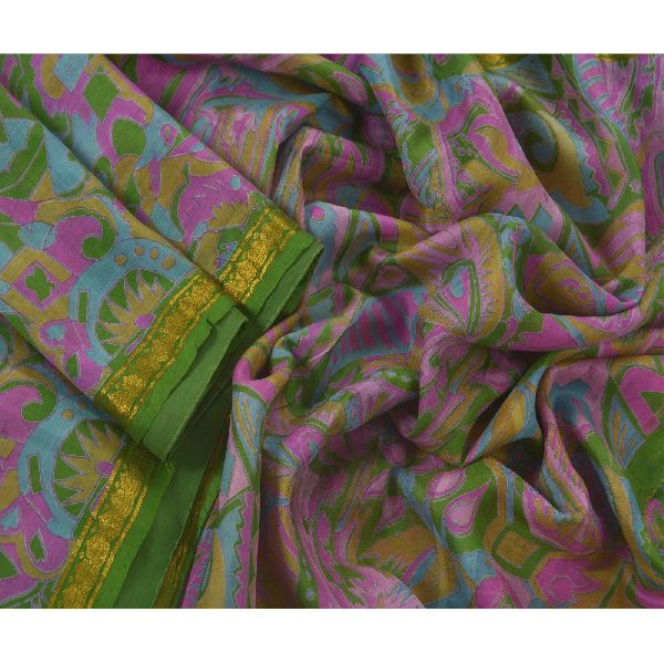 Pure Silk Printed Zari Border Fabric Sari