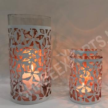 Round Shape Patterned Metal Candle Holder/Votive w/ Glass, Color : white