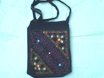 Denim embroidery bag with shell and mirror