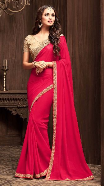 Embroidered Georgette Saree (PT-165), Feature : Easily Washable, Impeccable Finish, Skin Friendly