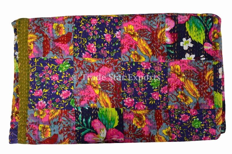 Patchwork Floral Kantha Quilt, Indian Throw