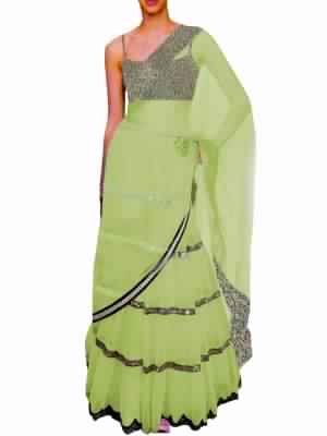 Black Embroided Choli Clubed with Light Green Net Lehenga AND Attached Duptta
