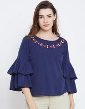 Womens Round Neck Bell Sleeve Dark Blue Crepe Top