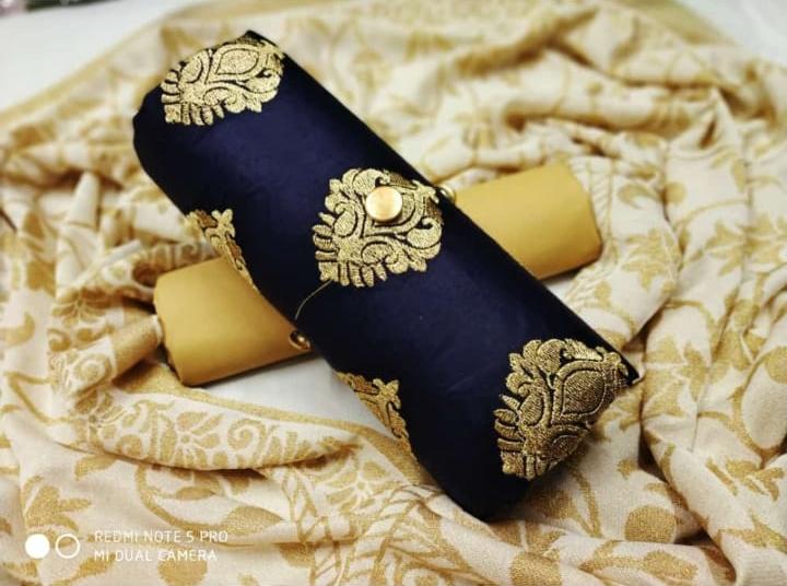 Navy Blue Embroidered Dress Material