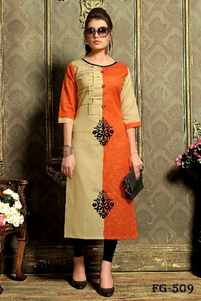 Orange Khadi Cotton Kurti, Size : M, L, XL, XXL