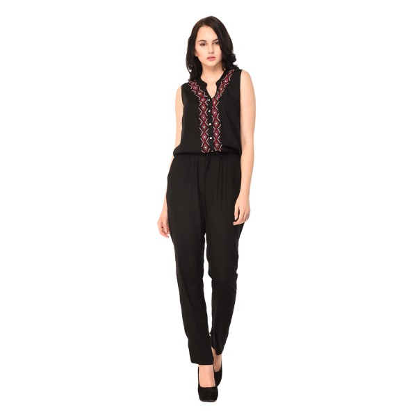 Black long embroidered jumpsuit for women