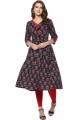 Blue Cotton Floral Print Flared Kurta