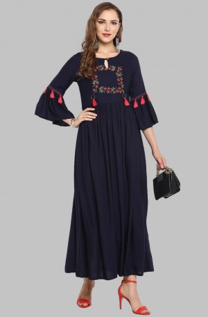 Dark Blue Rayon Embroidered A-Line Kurta, Occasion : Party