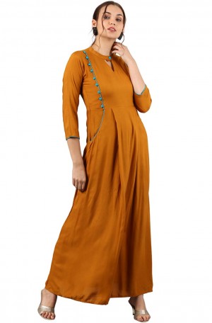 Mustard Rayon A-Line Workable Pocket Kurta, Occasion : Party