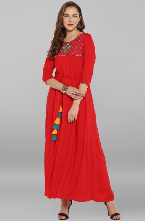 Red Rayon Embroidered A-Line Kurta, Occasion : Party