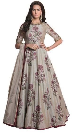 Ladies Party Wear Light Grey Handworked Gown