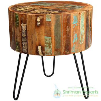Round Reclaimed Teak Wood End Table with Hairpin Legs