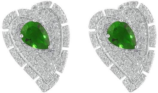 RHODIUM-PLATED GREEN-HEART EARRINGS FOR WOMEN