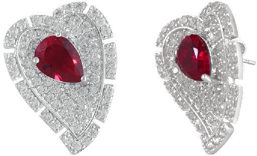 RHODIUM-PLATED RED-HEART EARRINGS FOR WOMEN