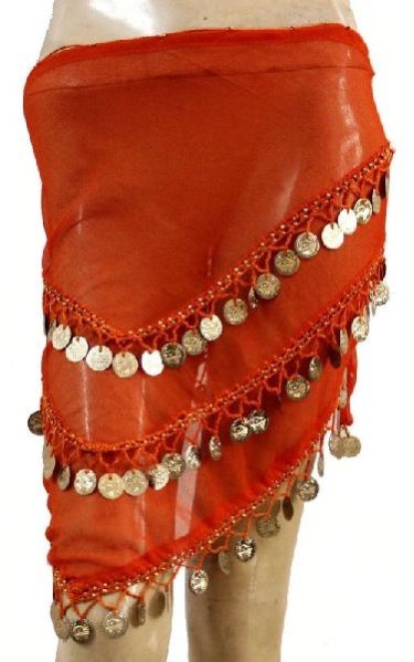 Hot Orange Belly Dancing Skirt With Gold Coins; Authenic Dance Hip Scarf Wrap